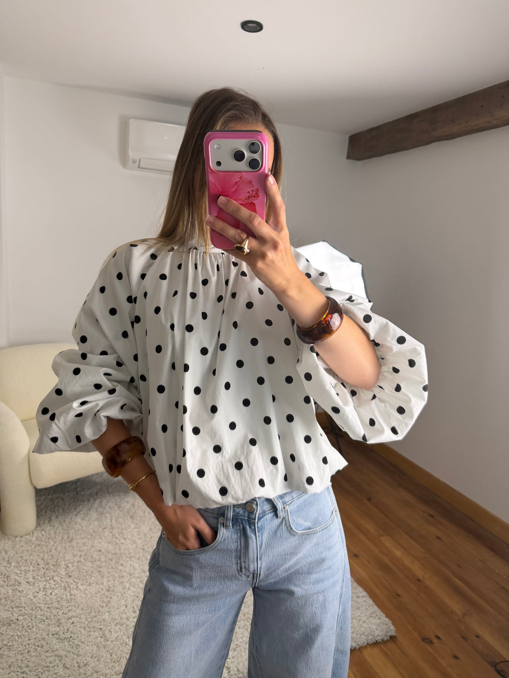 Blouse à pois  - Blanche